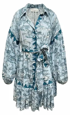 Miss June Dames korte jurk Agathe pofmouwen, lichtblauwe viscose, savanneprint – productfoto op witte achtergrond