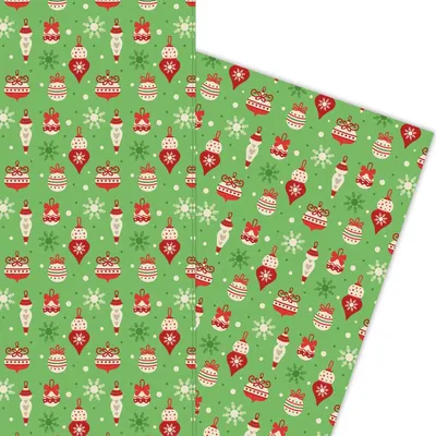 Produktbild von Fröhliches Weihnachts Geschenkpapier mit Weihnachtsschmuck auf grün - G5944, 32 x 48cm