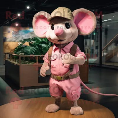 Produktbild von Rosa REDBROKOLY Maus Maskottchen Kostüm figur bekleidet mit Cargo-Shorts und Mützen