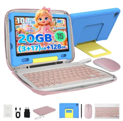 Obrázok produktu pre JENBIZZ Kinder Tablet 10'', osemjadrový procesor, 20 GB RAM, 128 GB úložisko, batéria 5000 mAh, Android 15, WiFi 6, s klávesnicou/myšou/perom/puzdrom