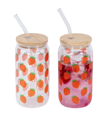Produktbild von 2er Set Trinkglas 500ml Erdbeere Glas-Strohhalm Bambusdeckel Trinkbecher Sommer