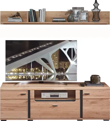 Produktbild von TV-Mediawand mit Esche Massivholzfronten STAVEN-36 mit Absetzungen in schwarz matt,  B/H/T ca. 180/200/42 cm