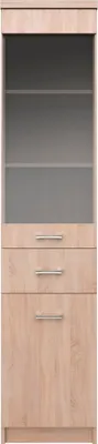 A tall, narrow cabinet with glass doors on top and drawers/cabinet doors below, shown against a white background.