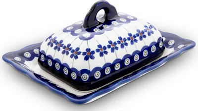 Produktbild von Original Bunzlauer Keramik Butterdose mit Wellenform 17,8x14,0x8,0 cm für 1/2 Stück Butter (125g) Dekor 166a