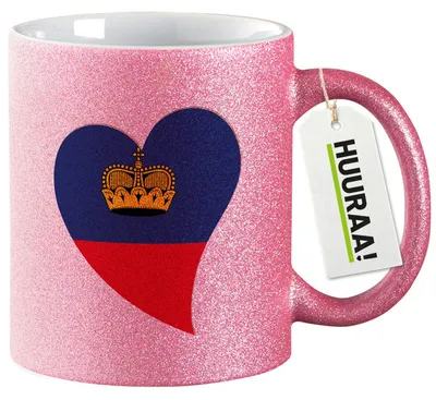 Produktbild von Huuraa Glitzertasse Liechtenstein Flagge Herz 330ml Pink Keramik Kaffeebecher Geschenkidee