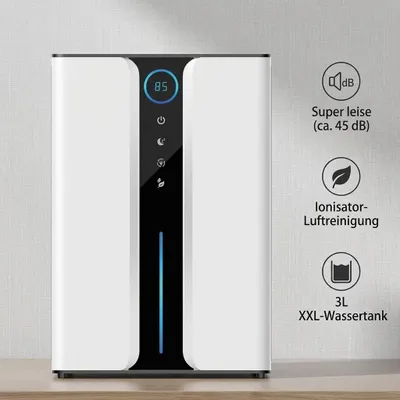 Produktbild von Luftentfeuchter 3L, elektrischer Raumentfeuchter mit Ionisator, Auto-Stopp & Schlafmodus für Wohnung, Bad & Keller (bis 60m²), KI-generiertes Bild