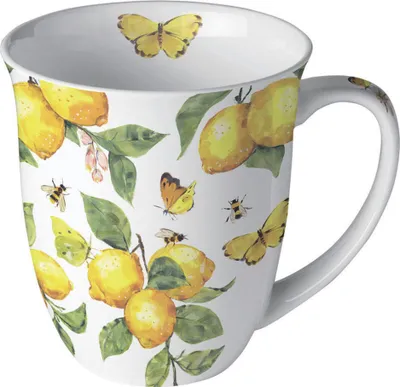 Produktbild von Tasse 10cm Porzellan mit Zitronen & Schmetterling Motiv Weiß / Gelb