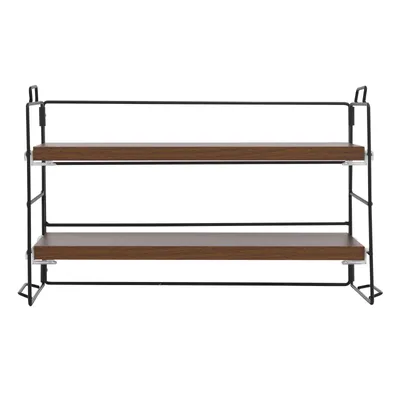A two-tiered shelf unit with wooden shelves and a black metal frame, shown against a white background.