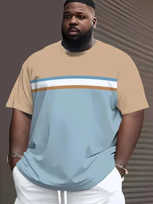 Produktbild von Men'S Plus Size Print T-Shirt, Plus Size Men'S Print Short Sleeves, Men'S Plus Size Digital Print T-Shirt - Casual Round Neck Short-Sleeved Shirt, Striped Pattern Casual Dress, 2XL