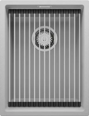 Produktbild von PRIMAGRAN Spülbecken Grau 36x47cm, Granitspüle 1 Becken + Ablauf-Set + Aufrollbare Abtropffläche, Küchenspüle ab 40er Unterschrank - Praga Slim