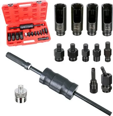 A set of automotive tools, specifically an injector puller kit, laid out on a white background.