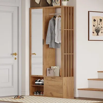 Produktbild von 6-in-1 Garderobekast mit Spiegel, 100 cm breit, 6-fachiger Garderobekast mit Kleiderstange, Houtoptik