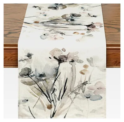 Produktbild von Tischläufer mit saisonalem Tuschemalerei Blumenmotiv, 32x180 cm, abwaschbar, für Frühling und Sommer, Vintage Beige, Dekoration für Esstisch und Wohnzimmer