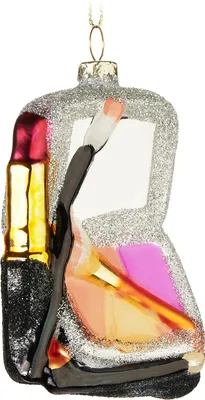 Image de BRUBAKER Set de maquillage - Boule de Noël en verre peinte à la main - Boule d'arbre de 9 cm Set de maquillage scintillant avec miroir, pinceau et rouge à lèvres
