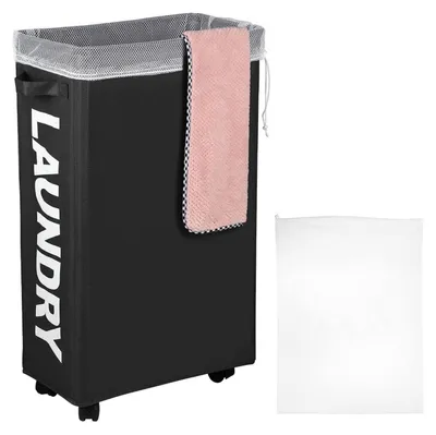 Produktbild von Wäschekorb 62L mit Rollen und abnehmbaren Wäschesäcken, faltbar, schwarz