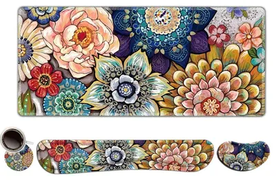 Produktbild von Erweitertes Gaming-Mauspad mit Handgelenkauflage, Blumenmuster, 4-teiliges Set