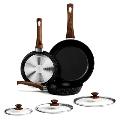 Produktbild von Pfannenset - 3-teilig Antihaft-Pfannen mit Deckeln, 20+24+28 cm, Induktionsgeeignet, Backofenfest, für alle Herdarten, -frei, Schwarz