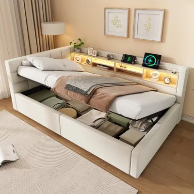 Produktbild von Daybett, Tagesbett mit LED-Leiste, USB, Regal, hydraulischem Stauraum, Stoffbezug, Beige , 90x200cm