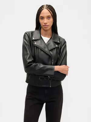 Produktbild von GAP Damen Biker-Stil Jacke aus Polyurethan, Schwarz, Größe S, mit asymmetrischem Reißverschluss