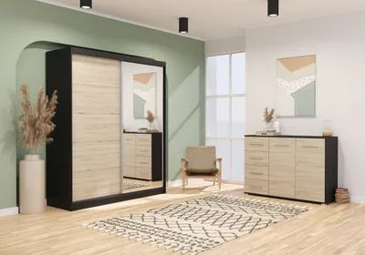 Produktbild von Schwebetürenschrank Kleiderschrank Schrank 183 cm mit einem Spiegel Kommode 135 cm zweitürig mit Schubladen Schwarz/Sonoma Bella 03 /Frida 01 2er-Set