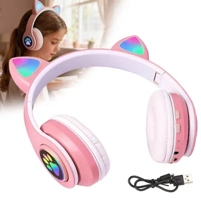 Produktbild von Bluetooth Kopfhörer Kinder, Kabellose Kopfhörer, Katzenohr Kopfhörer Over-Ear mit LED-licht Faltbare Stereo Kopfhörer,mit Mikrofon,für Tablet/Handy/PC