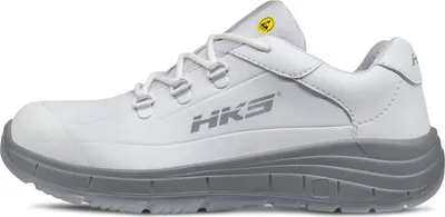 A side view of a white and gray HKS safety shoe.