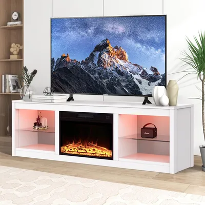 Produktbild von Parrot Uncle TV-Schrank für Fernseher bis 75 Zoll, MDF, Weiß , mit 24" Elektrokamin und Farbwechselnde LED-Leiste, 168 x 42 x 56 cm, 54 kg Tragkraft