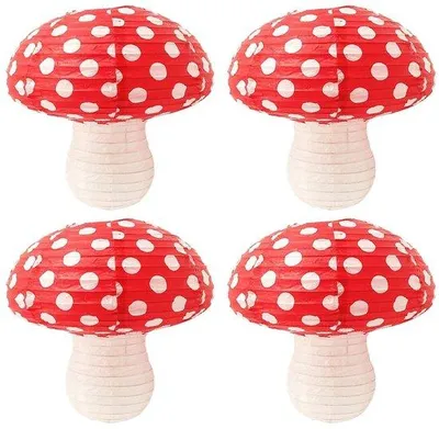 Immagine prodotto di Set di 4 lanterne a forma di fungo 3D pieghevoli in carta - Lanterne decorative per giardino e matrimoni - Altezza 18,5 cm