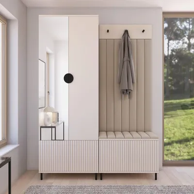 Produktbild von Garderoben-Set Ritmo Version 1 –gefräster Kleiderschrank mit Spiegel, mit hohen Füßen, gepolsterte Wandpaneele, , für den Flur (cashmere, Trinity 02)