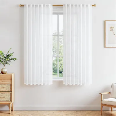 Image de Rideaux, lot de 2, 145 x 140 cm, aspect lin, blanc, semi-transparents, pour cuisine