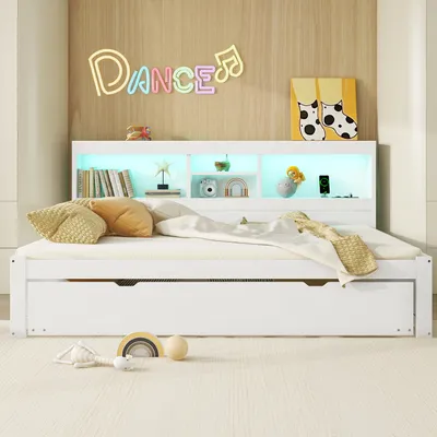 Zdjęcie produktu dla Rozkładana sofa z oświetleniem LED, USB i schowkiem, bez materaca, 140x200 cm, biała