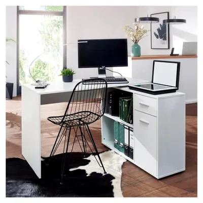 Produktbild von Design Eckschreibtisch mit Regal Weiß 120 x 75,5 x 106,5 cm, Moderner Büro-Schreibtisch, Computer-Tisch Arbeitszimmer, Winkelschreibtisch Home Office