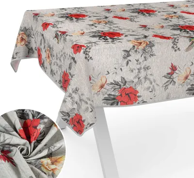 Produktbild von Tischdecke Wilde Rose aus Textil mit Blumen Pflanzen wasserabweisend Tischtuch Tischwäsche Aquarell Beige Breite 120cm Länge 160cm mit Paspelband