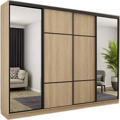Zdjęcie produktu dla Meblast | szafa 4D/300; dąb Lindberg z 2 lustrami (z czarnymi okuciami) - okucia Premium | eleganckie, stylowe