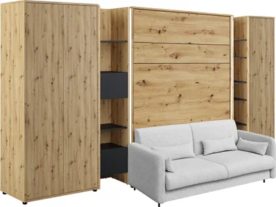Produktbild von Schrankbett mit sofa Bed Concept 140x200 cm Lenart Led Beleuchtung Taschenfederkernmatratze Bett im Schrank Klapbett Artisan Eiche/Grau