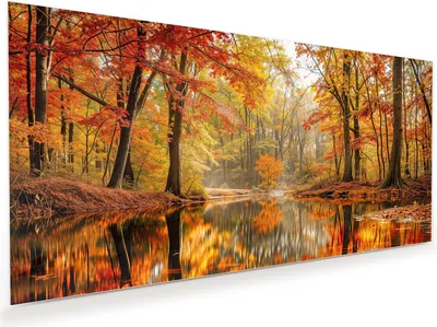 Produktbild von Glasbild 120x60cm in XXL für Wohnzimmer, Schlafzimmer Motiv Herbstwald am See
