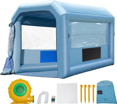 An inflatable spray booth and its accessories are displayed against a white background.