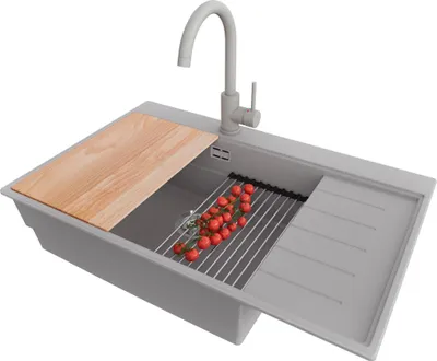 Produktbild von PRIMAGRAN Granitspüle Grau 78x50cm, Spülbecken 1 Becken + Küchenarmatur 32x20cm + Ablauf-Set + Küchenzubehörset, Küchenspüle ab 60er Unterschrank - Sydney