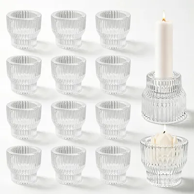 Glaskerzenhalter 12 Stück, durchsichtig, Teelichthalter, Stabkerzenhalter