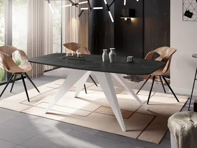 Produktbild von Ausziehbarer Esstisch im Loft-Stil - Industrieller Tisch in Schwarzer Marmoroptik mit Weißen Metallbeinen - Modernes Design für Wohnzimmer - 180 cm Ausziehbar auf 220 cm - Marmor Schwarz