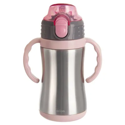 A pink and silver insulated cup for children with handles and a straw lid.