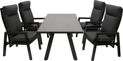 Produktbild von TPFGarden GARTEN-GARNITUR Reading - Essgruppe 5-teilig (4x Hochlehner Sessel mit Armlehnen, 1x Tisch 180x90cm), Gestell Aluminium dunkelgrau pulverbeschichtet, Tischplatte Glas in Keramikoptik dunkelgrau. Rückenlehnen über Gasdruckfeder verstellbar. Lieferung inkl. Polster in grau. Materialzusammensetzung Bezüge: 100% Polyester. BxTxH: 180x236x112 cm