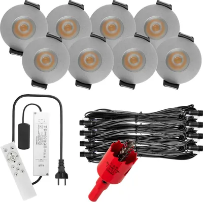 Produktbild von S-Polylight PREMIUM Mini LED- Einbauspots Kaltweiß 6.000K, Smart, Smarthome, App, Alexa, DIMMBAR, IP65, FUNK 3W LED Einbaustrahler Terrassenüberdachung, Terrassenbeleuchtung, Bad, Sauna, LED Spots mit Fernbedienung (SILBER, 8x SMARTHOME LED-SET)
