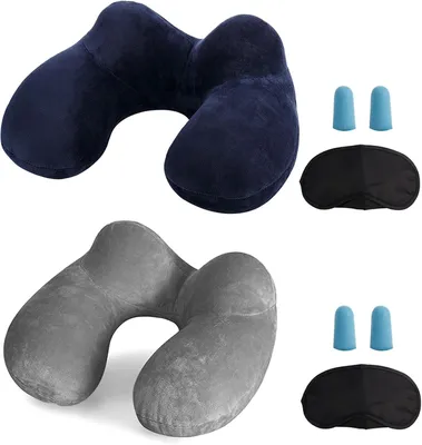 Produktbild von Aufblasbares Nackenkissen, Weicher Samtbezug, Ergonomisch, mit Ohrstöpseln und Schlafmaske, für Flugzeug