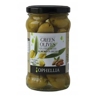Ophellia Grüne Oliven mit Mandeln 300 g Glas auf Weiß