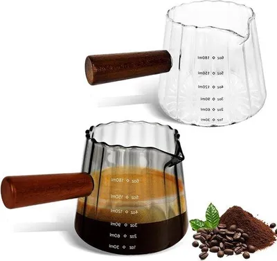 Produktbild von Glas-Maßbecher mit Holzgriff, Espresso, Borosilicat