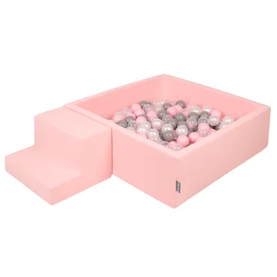 Obrázok produktu pre KiddyMoon Mäkké penové ihrisko pre deti s Štvorec loptičkovým ihriskom (200 ∅ 7 cm) s mäkkými prekážkami a loptičkovým bazénom,  vyrobené v EÚ, Ružová: Perla/Grey/Transparentné/Púdrovo ru