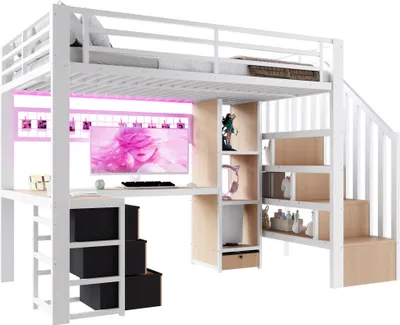 Produktbild von Merax Etagenbett Hochbett 90x200 cm, Kinderbett mit Schreibtisch und LED Licht, Stauraumtreppe, 3 Schubladen, Jugendbett, Metall Stockbett, Weiß