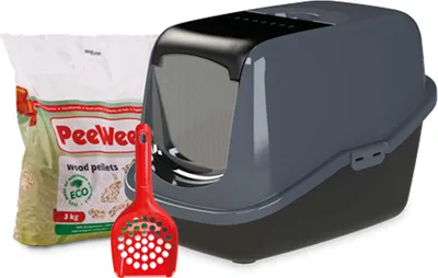 A cat litter box, a bag of wood pellets, and a litter scoop are arranged together on a white background.