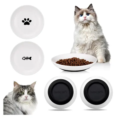 Produktbild von 2 Stück Keramikkatzennapf, Futternapf für Katzen, Rutschfester Fressnapf, Flacher Katzenteller aus Keramik, Katzennapf für Katzen und kleine Hunde